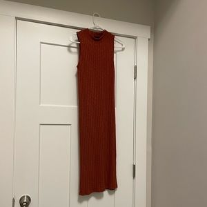 Burnt orange ribbed sleeveless mock neck dress